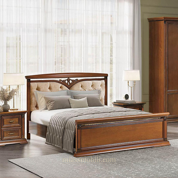 Кровать двойная Lorenzo вишня с кутанной головной и ножной спинкой