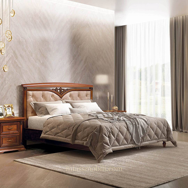 Кровать двойная (1800x2000) Lorenzo вишня с кутаной головной и без ножной спинки